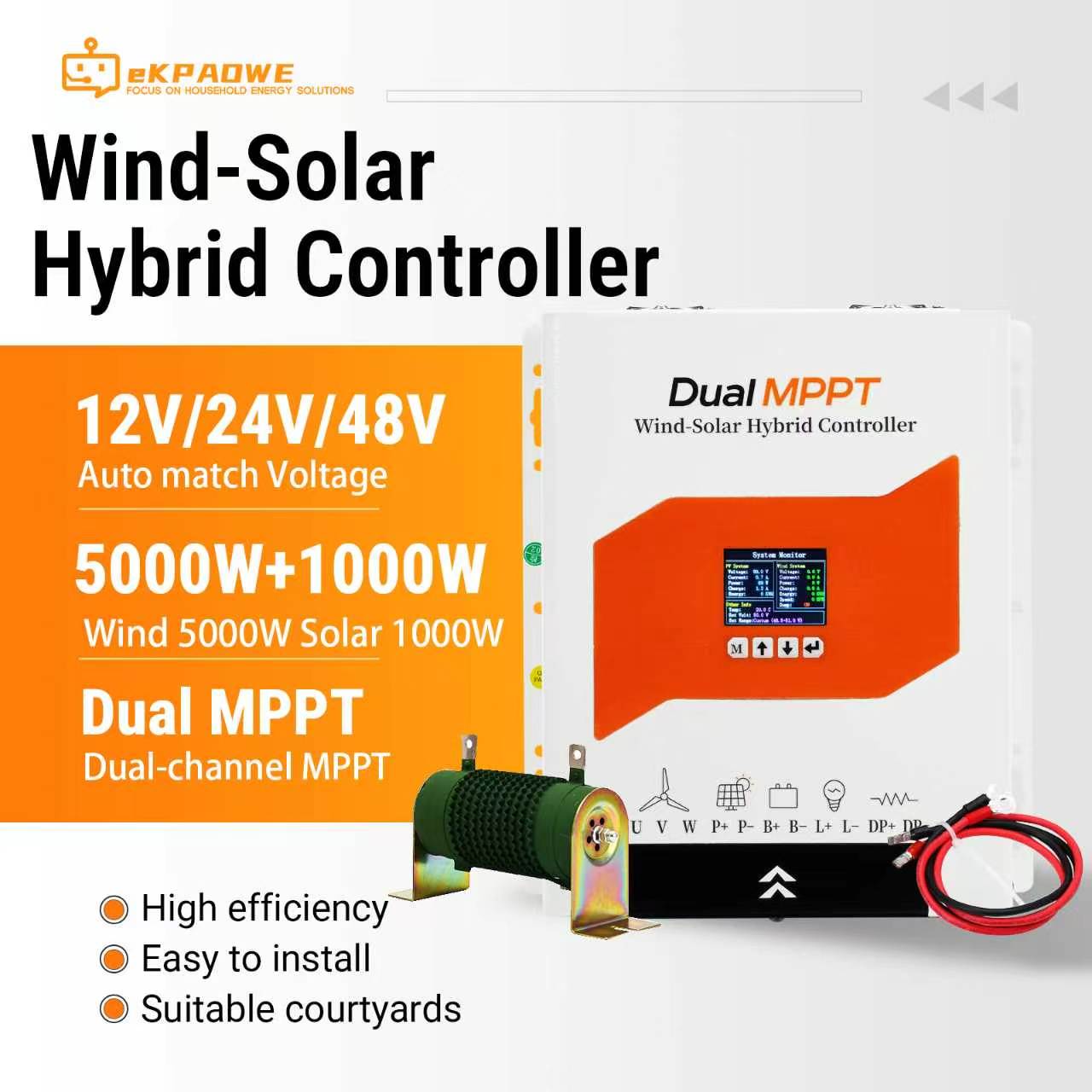 Renewable Energy Wind Solar - ตัวควบคุมการชาร์จแบบไฮบริดพลังงานลมและแสงอาทิตย์ 5000W ลม 1000W แสงอาทิตย์, ระบบติดตามจุดกำลังไฟสูงสุด
